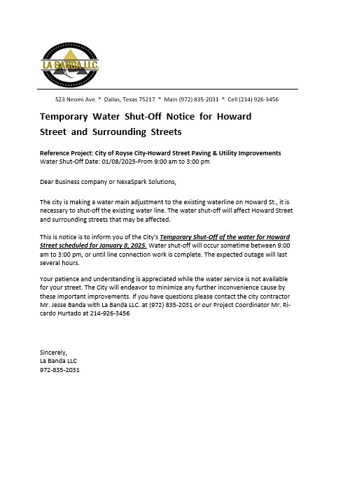 USA Texas La Banda business utility bill water shut off notice, Word and PDF template PSD template